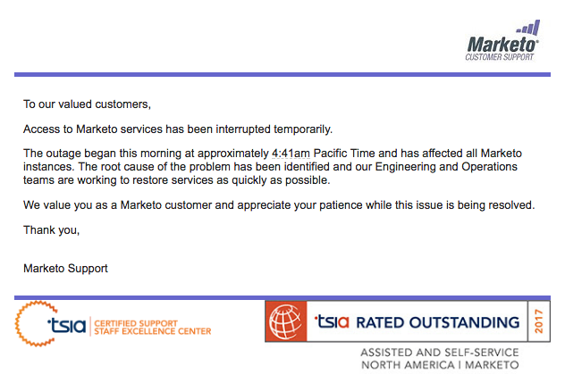 marketo outage support email
