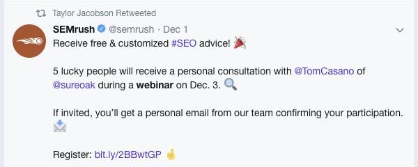 Example of a comprehensive social post and a call to action from SEMrush