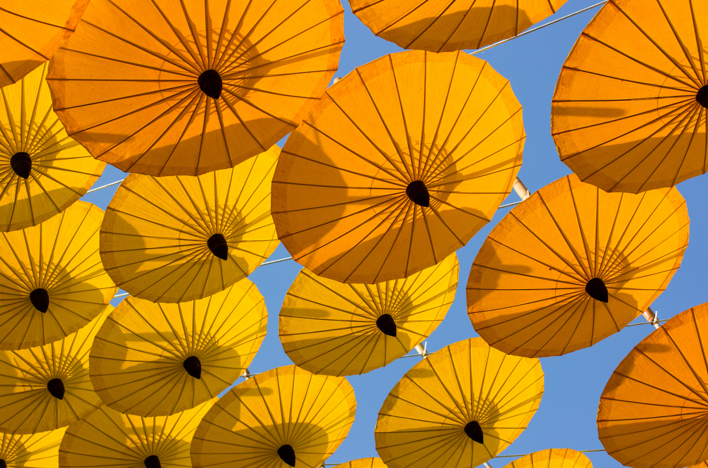 Yellow- umbrellas on a blue sky