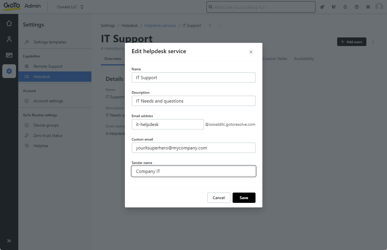 GoTo Resolve screenshot of helpdesk setup: Create a customized helpdesk service email address