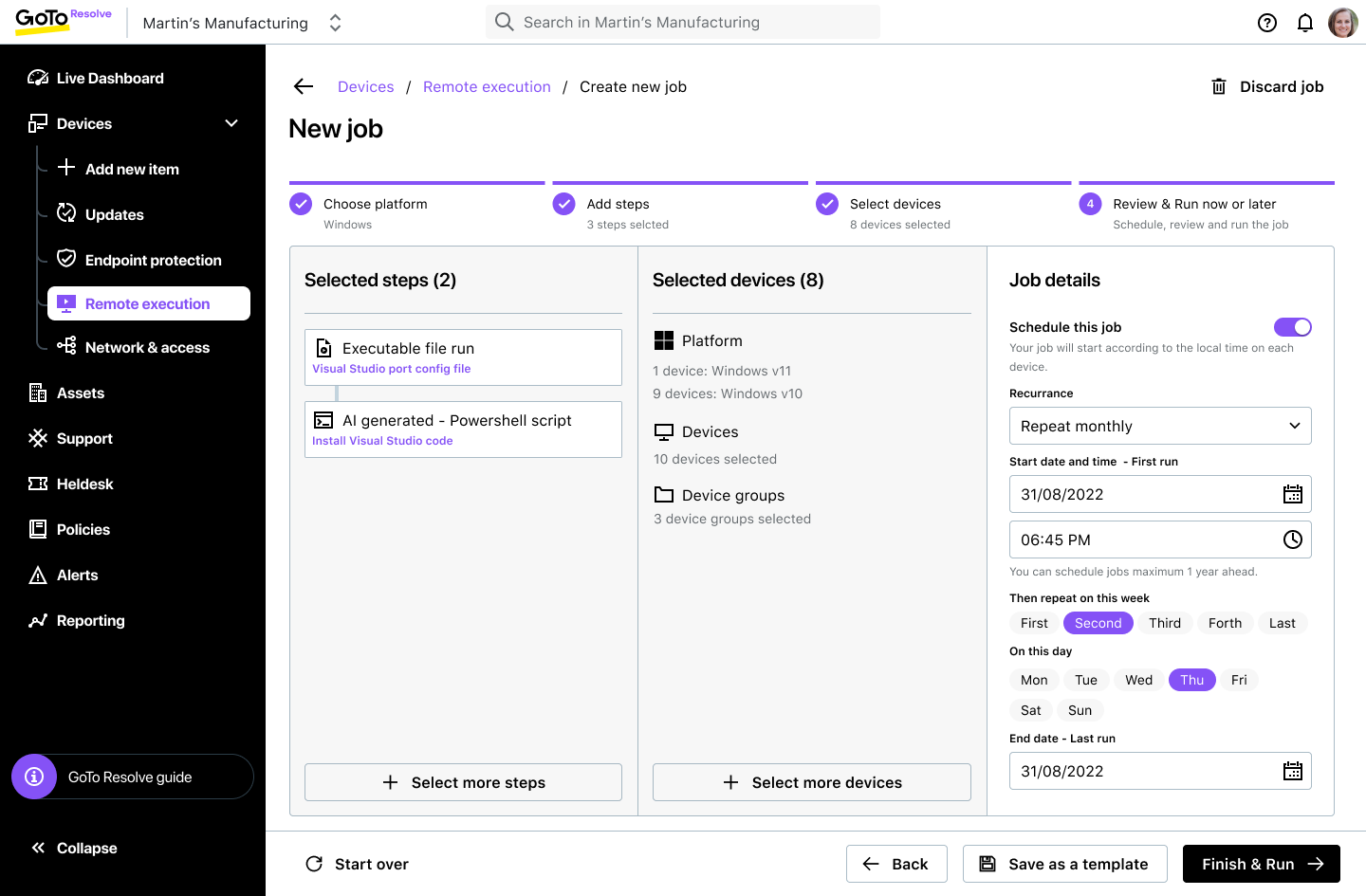 GoTo Resolve screenshot of Recurring Remote Execution: Schedule daily, weekly, or monthly automations