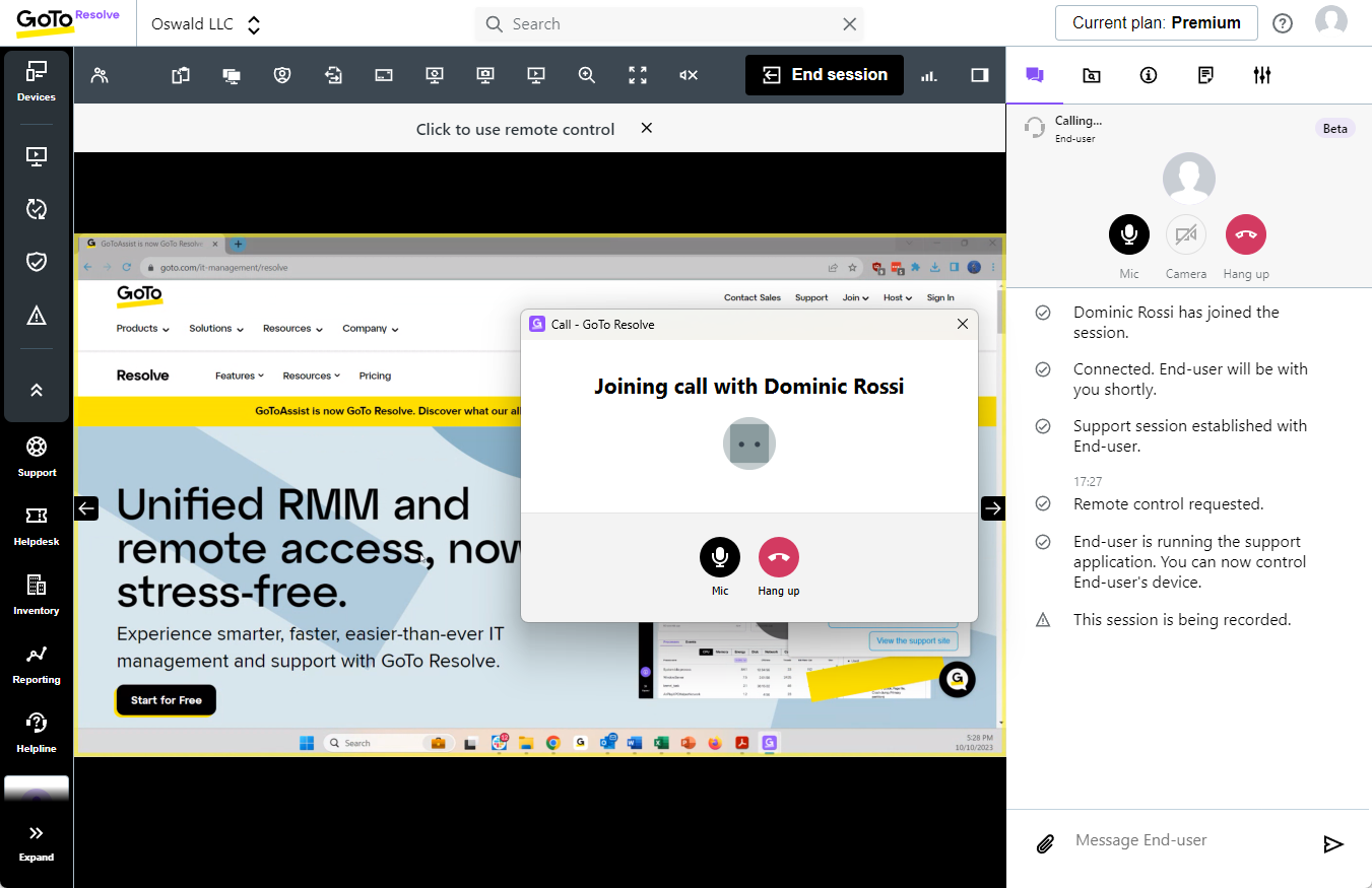 GoTo Resolve screenshot of VoIP: initiate audio with an end-user during support sessions