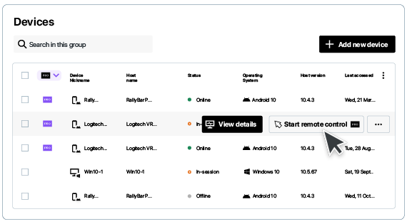 Screenshot of GoTo Resolve dashboard list of LogitechOS devices that can be easily supported and controlled remotely