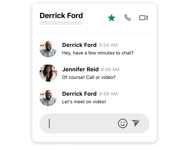Una conversación de chat que se realiza en el sitio en la interfaz de chat de GoTo Connect, con opciones de empezar una llamada de voz o una reunión por vídeo desde la pantalla de chat.