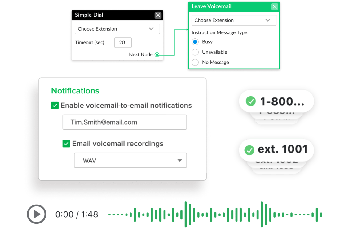 Capturas de pantalla de funciones de GoTo Connect, como la configuración de notificaciones, la marcación simple y la configuración del correo de voz. 