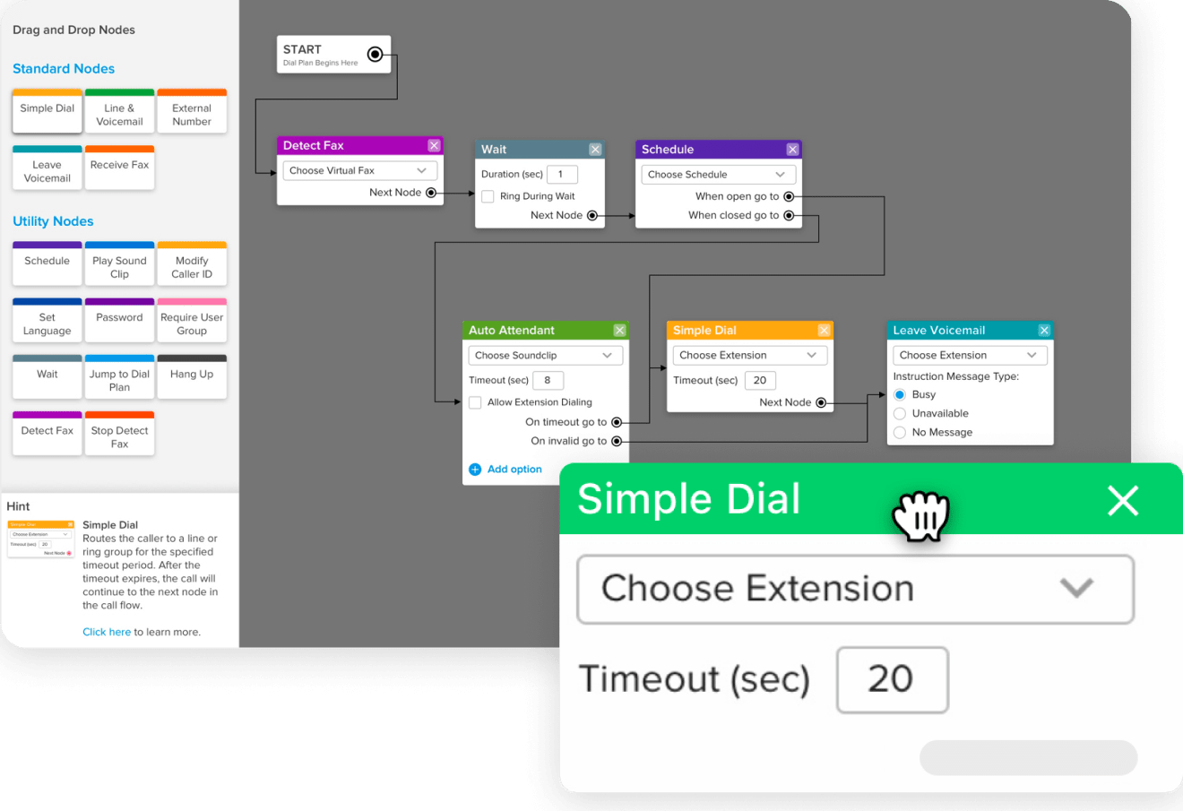 Interface showing GoTo Connect’s easy-to-use, lightweight drag-and-drop dial plan editor.