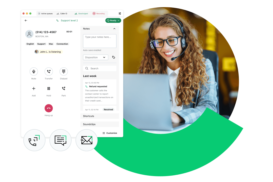 Agent using GoTo Connect Contact Center to seamlessly communicate with their clients using phone, email, and webchat.
