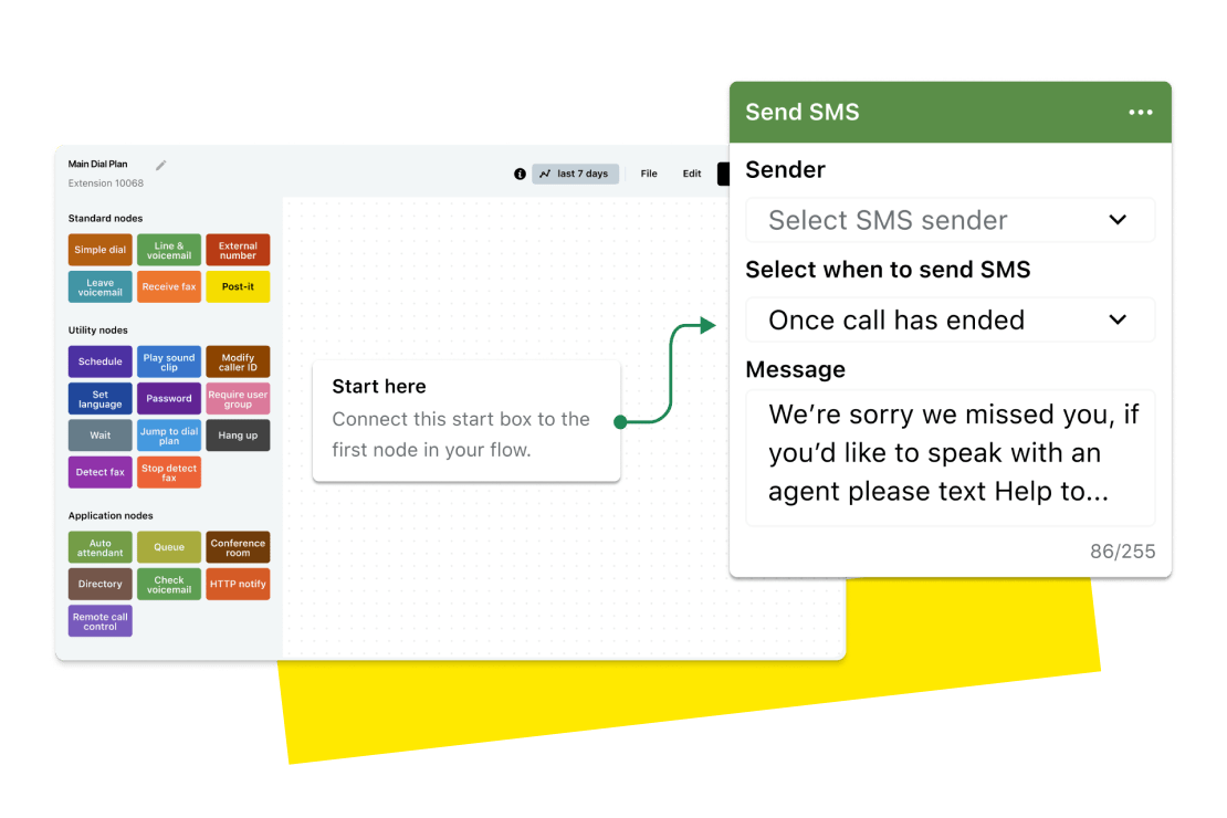 Una pantalla muestra el editor de planes de marcación de arrastrar y soltar para GoTo Connect con el nuevo nodo de mensajes SMS.