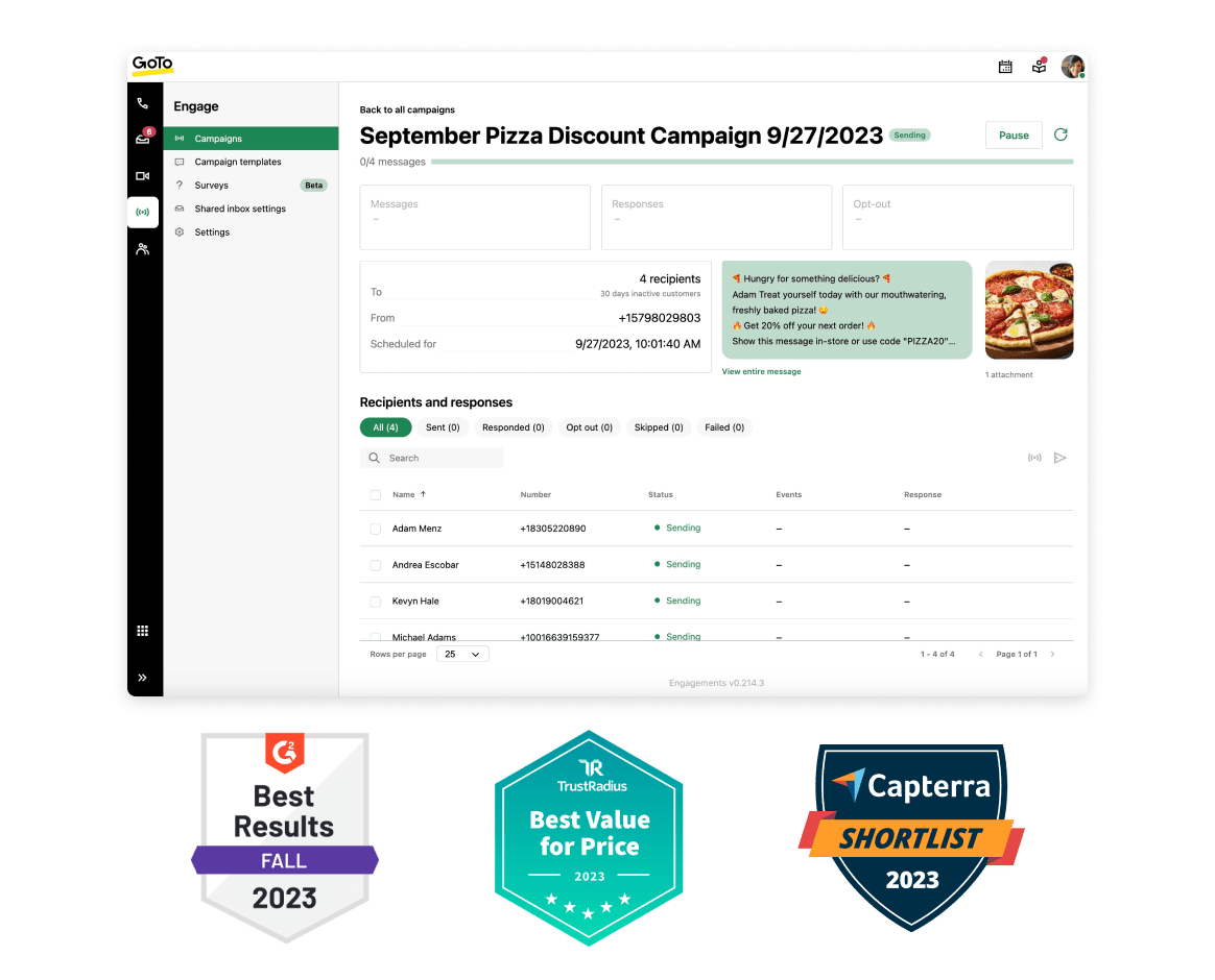 Customer Engagement, um software premiado do GoTo Connect, mostrando a vista completa das interações de uma campanha e detalhes de engajamento.