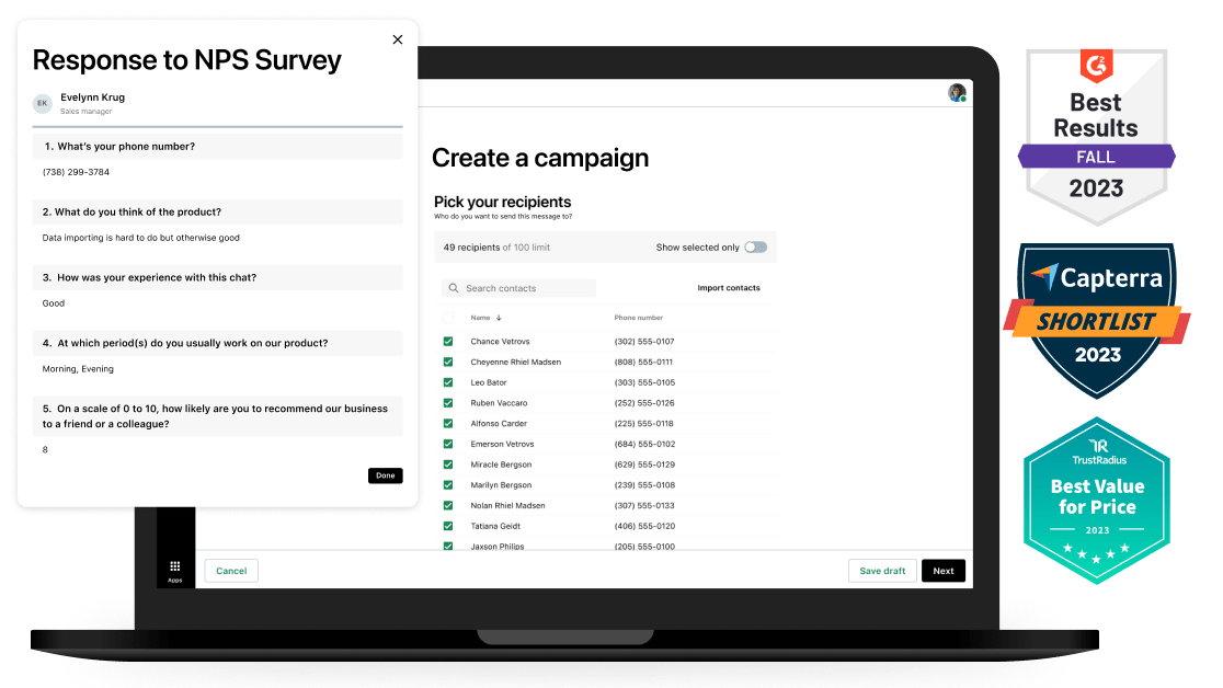 Preisgekrönte GoTo Customer Engagement-Tools, die zeigen, wie man eine Kampagne erstellt und sich Umfrageantworten ansieht.