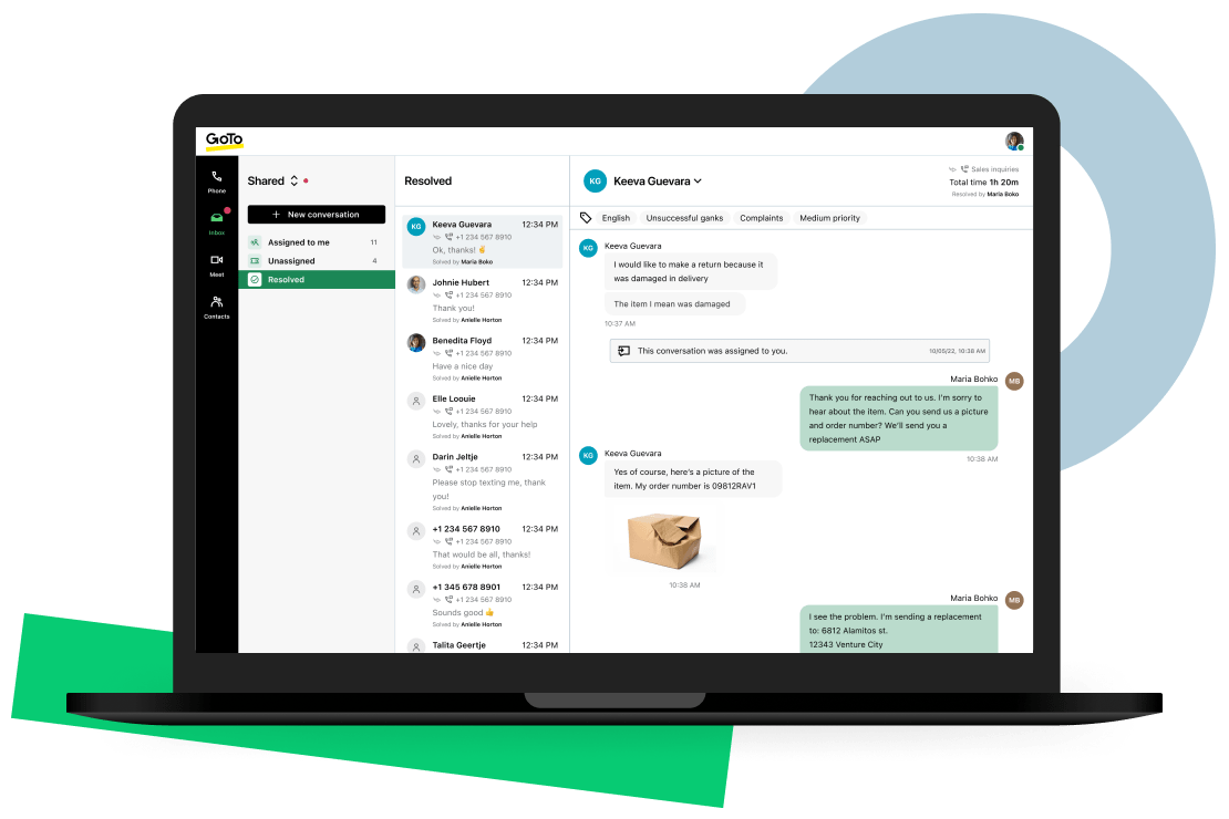 Pantalla que muestra la bandeja de entrada compartida de GoTo Connect Customer Engagement destacando una conversación resuelta con el cliente.