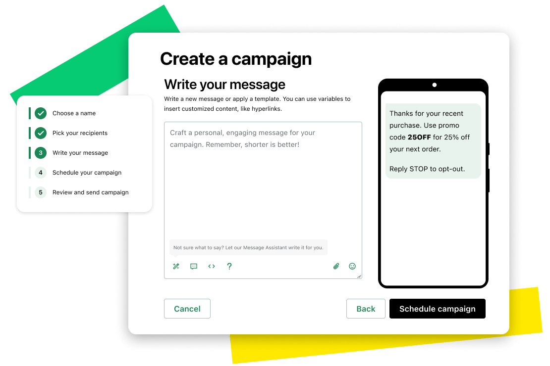 Bildschirm, auf dem die Funktionen zum Erstellen von SMS-Kampagnen in GoTo Connect Customer Engagement zu sehen sind.