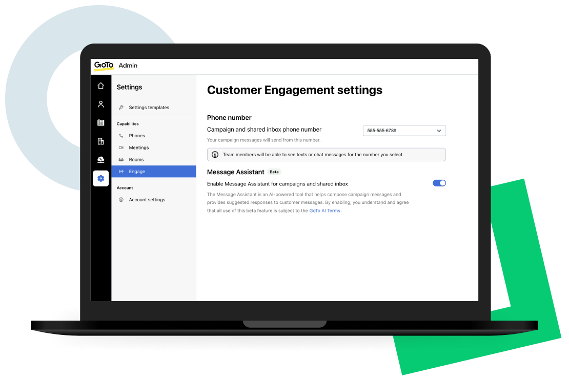 Scherm van GoTo Connect Customer Engagement met instellingen van de AI-chatassistent voor gedeelde inboxen en campagnes.
