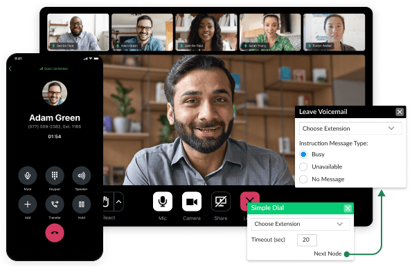 Screen che mostrano le funzionalità di GoTo Connect per chiamate, videoconferenze e piani di chiamata.