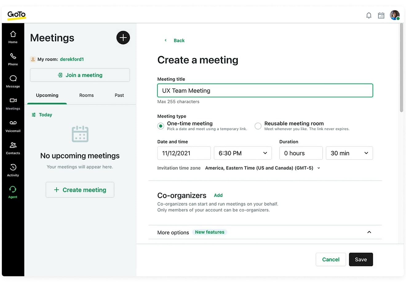 Screenshot of setting up an online meeting.