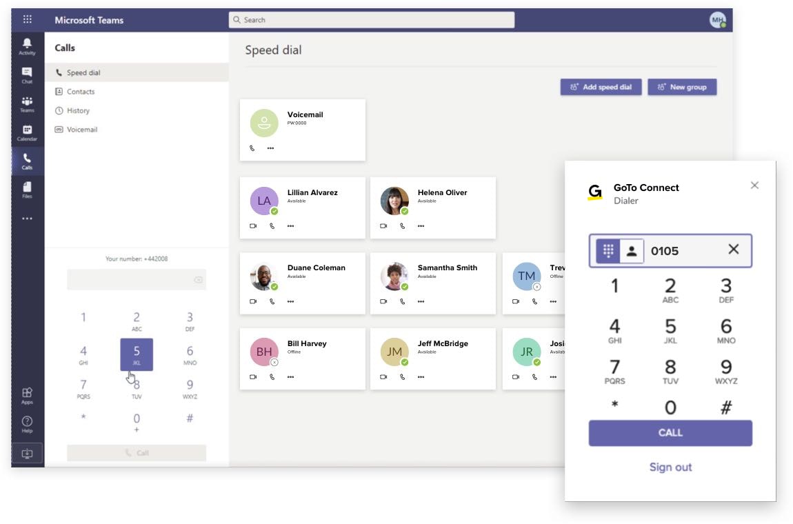 Dialing with GoTo Connect inside Microsoft Teams.