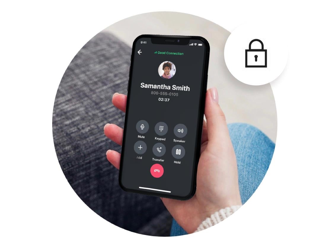 Making a VoIP call with GoTo Connect on smartphone, with a lock icon showing GoTo’s commitment to security.