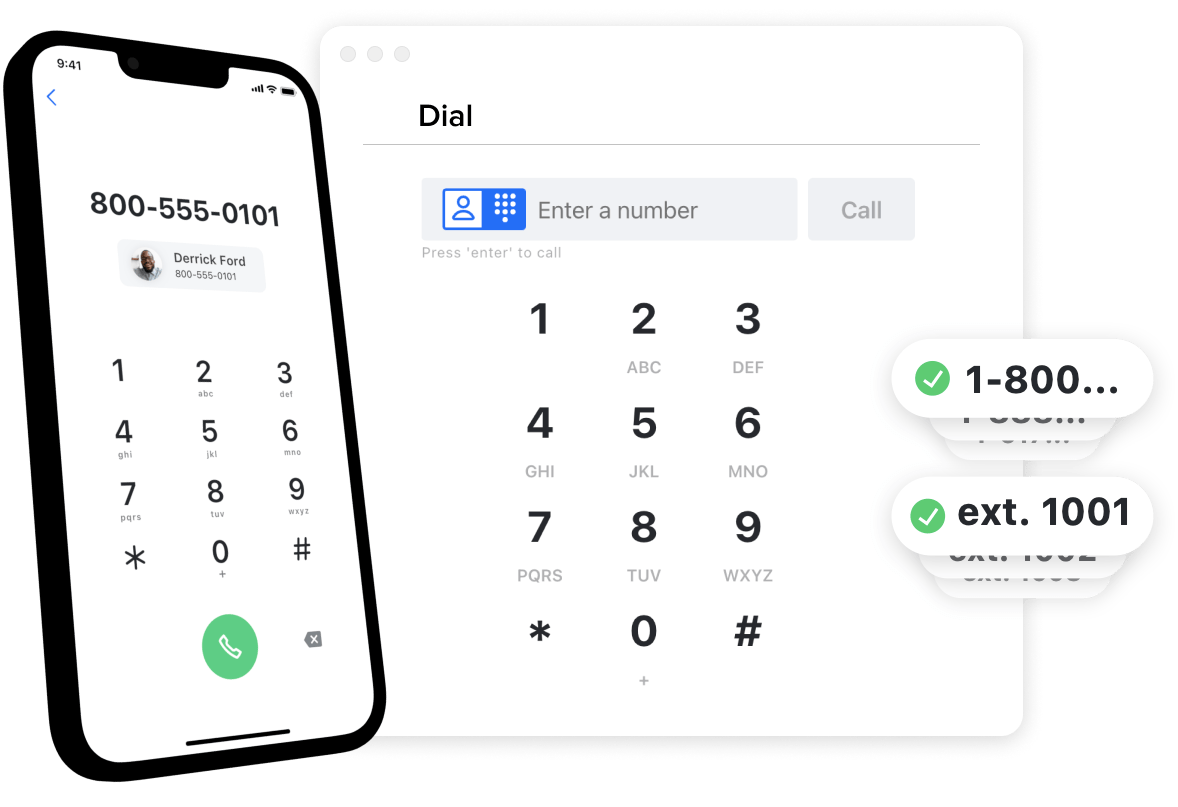 Mobile and desktop dial interface of GoTo Connect along with your customized phone number and extension options.
