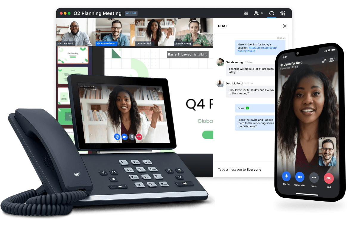 Arrangement of a desk phone, desktop interface, and mobile phone showing all the ways you can use GoTo Connect across different devices and places.
