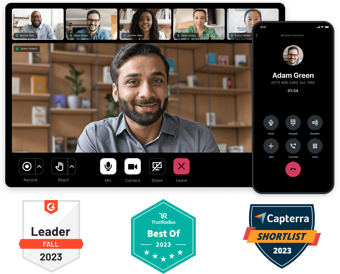 Afbeelding van een GoTo Connect-videoconferentie en een telefoonsysteem. Badges van G2 Leader herfst 2023, TrustRadius Beste van 2023 en Capterra Shortlist 2023.