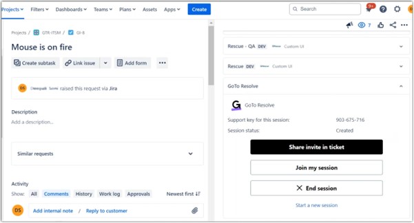 Capture d'écran de Jira avec l'application GoTo Resolve ouverte sur la droite de l'écran.