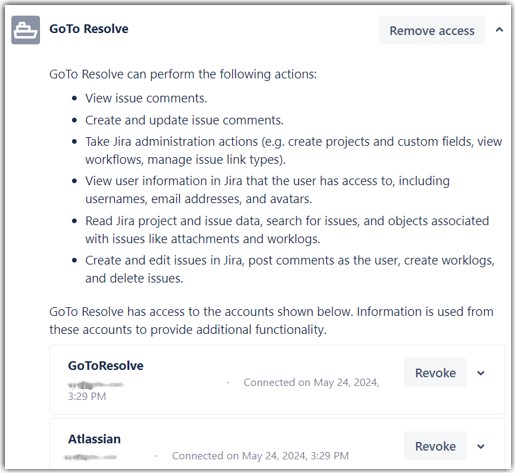 Capture d'écran des options d'accès GoTo Resolve dans Jira.