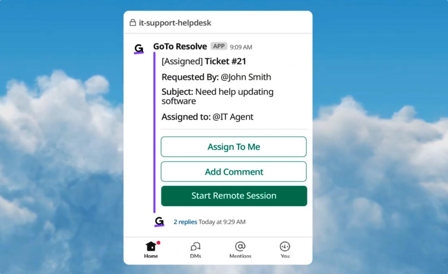 GoTo Resolve conversational ticketing feature in Slack screen.