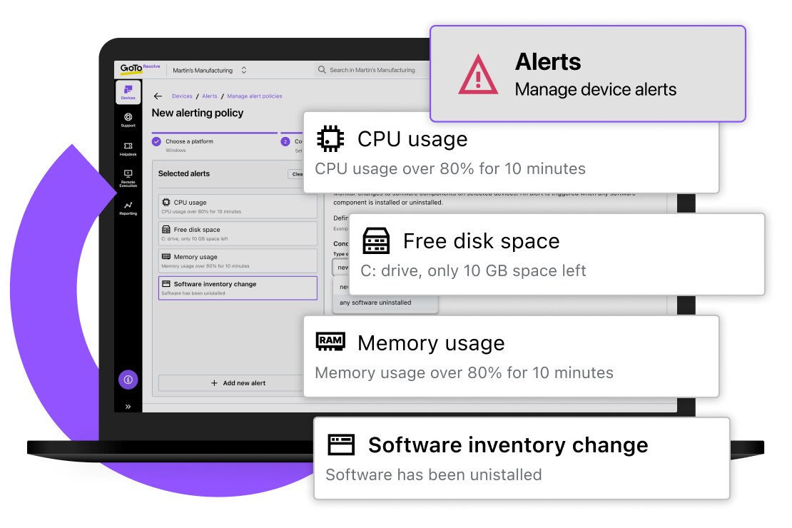 De interface van GoTo Resolve’s alerting software voor monitoring en beheer op afstand waarmee u waarschuwingsbeleid kunt beheren voor CPU-gebruik, beschikbare schijfruimte, geheugengebruik en wijzigingen in de software-inventaris.