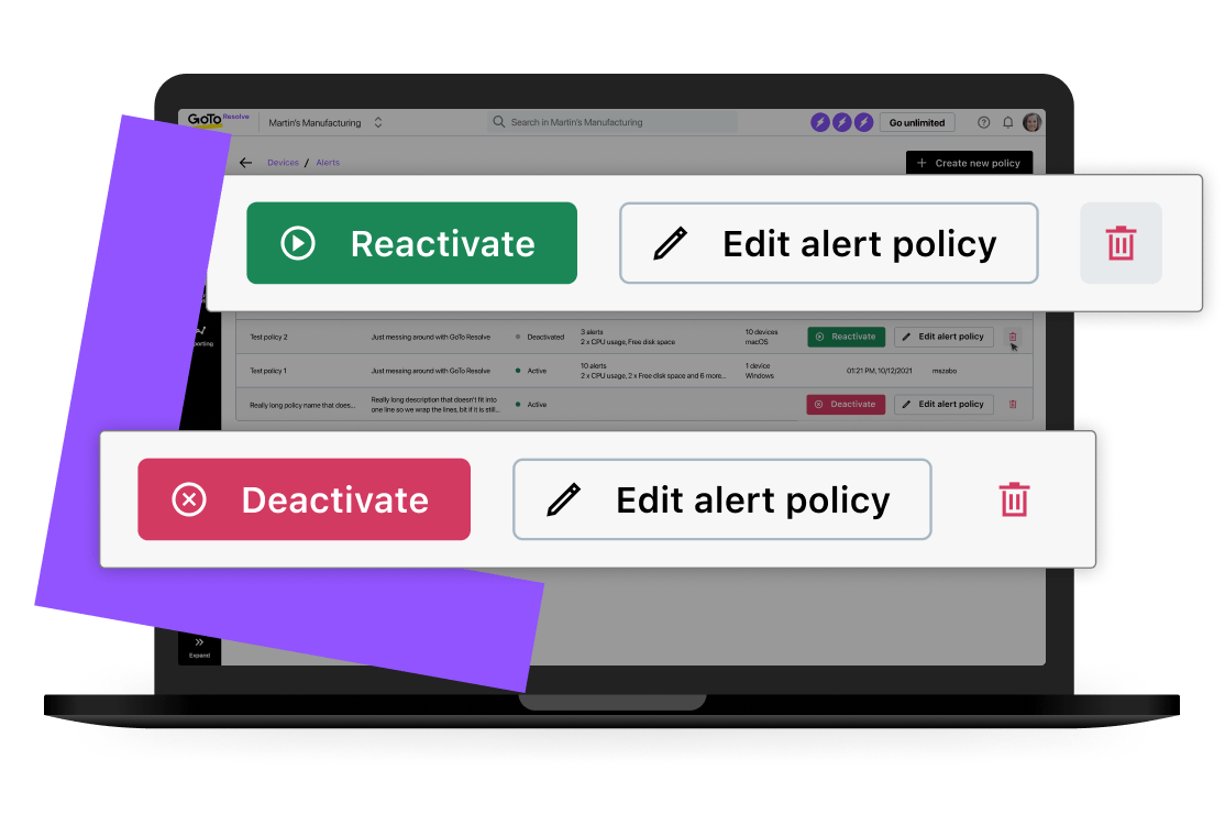 GoTo Resolve’s IT Alerting notification settings allowing you to deactivate or reactivate alert policies that have been set with one click.
