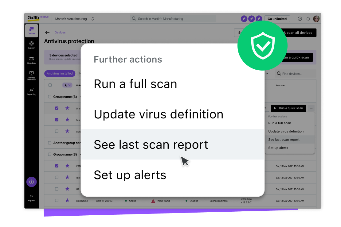 Vista de pantalla del menú desplegable de GoTo Resolve con opciones para ejecutar análisis completos, actualizar definiciones de virus, ver informes y configurar alertas.