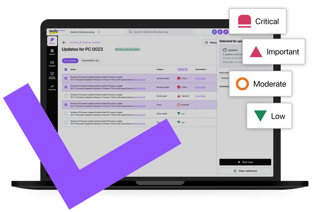 GoTo Resolve’s single dashboard view for proactively identifying, testing, and installing patch updates.