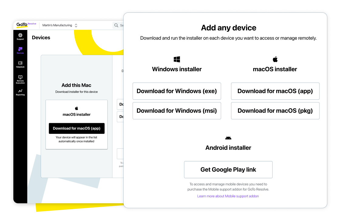 Screen displaying GoTo Resolve’s multi-platform remote support options.