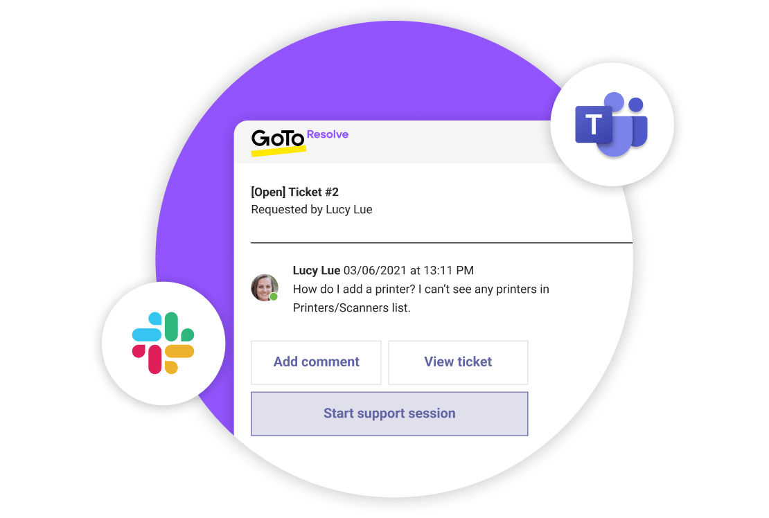 Supportticket-Ansicht von GoTo Resolve für Mitarbeiter in Microsoft Teams.