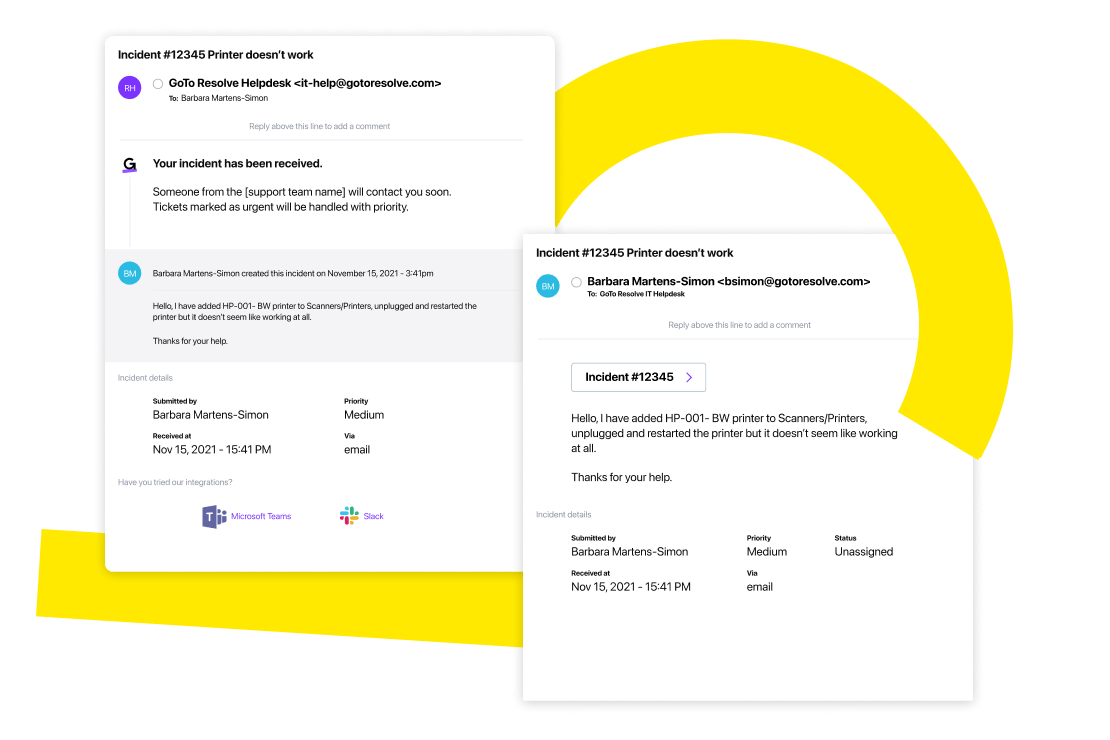 GoTo Resolve end-user ticket submission by email and confirmation email.