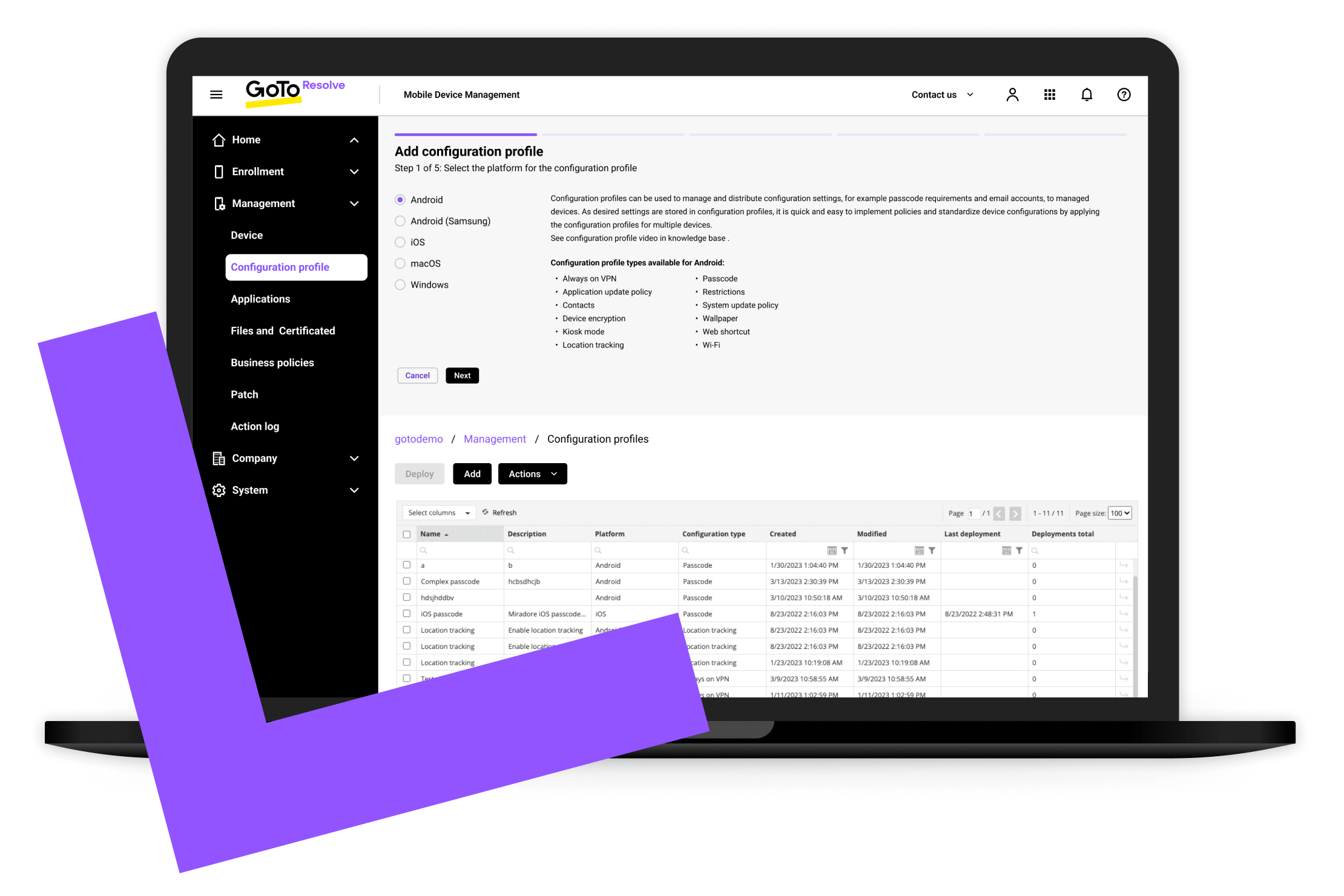 Vue de l’écran d’ajout d’un profil de configuration au MDM Resolve