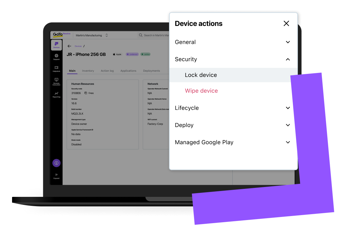 Screen view GoTo Resolve’s device remote wiping and locking (MacOS only) lost or stolen device capabilities.