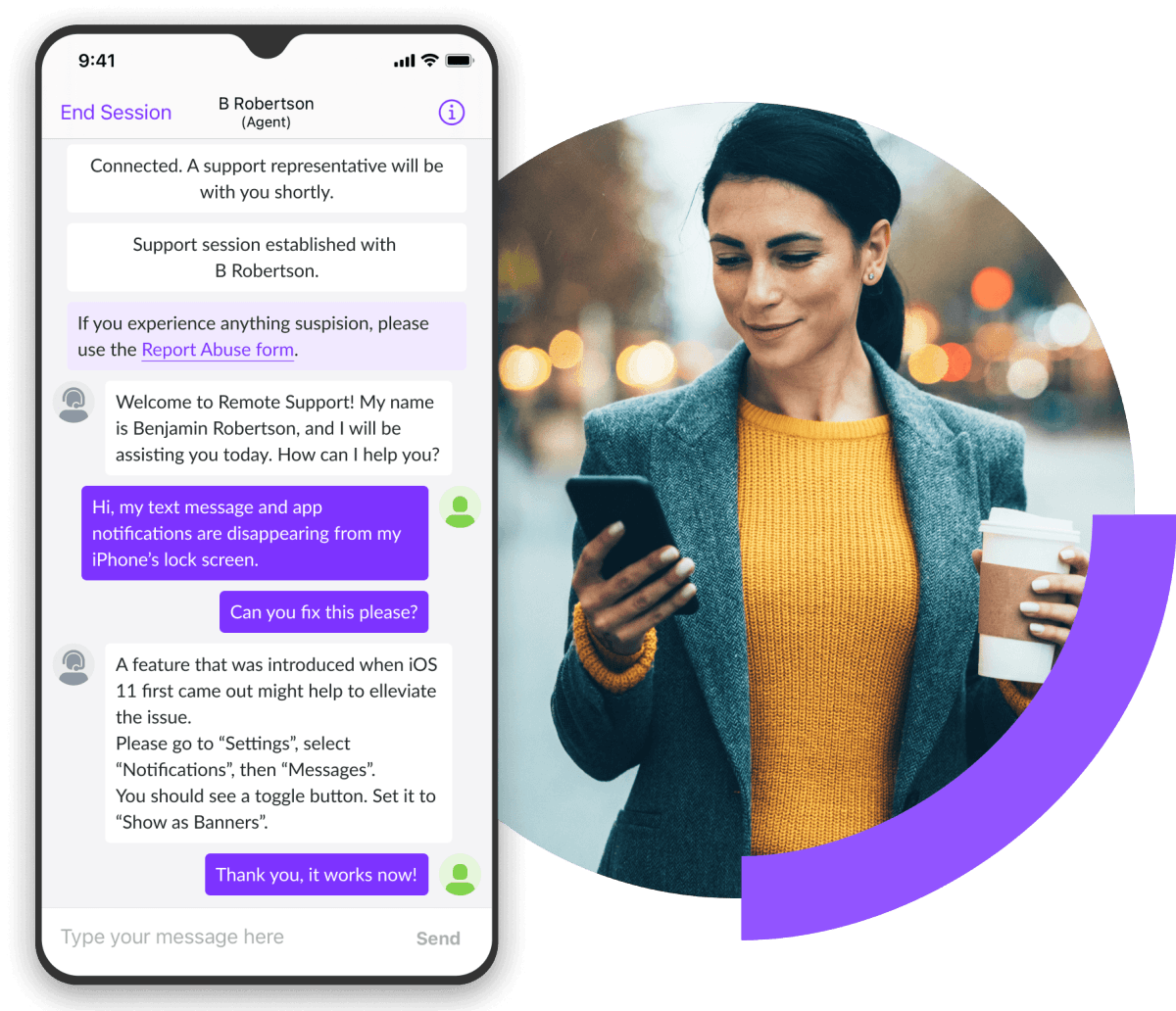 Sesión de chat de asistencia remota que aparece en un teléfono móvil acompañado de una imagen de una mujer que camina mirando el teléfono móvil.
