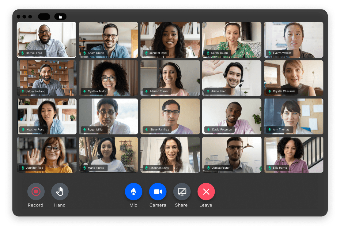 Interfaz que muestra 20 participantes usando GoTo Meetings con sus cámaras web activadas.