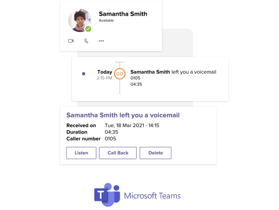 A Microsoft Teams profile card with the user Samantha Smith’s information. There is a rectangle below the profile card with the Microsoft Teams call histroy user interface populated with ’Samantha Smith left you a voicemail today at 2:15 PM’. Under the rectangle is another card from Microsoft Teams’ user interface with details about Samantha Smith’s voicemail, followed by the Microsoft Teams logo.