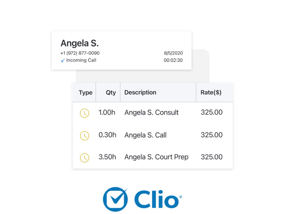 A rectangle with the words ‘Angela S., +1 (972) 877-0090, Incoming Call 8/5/2020, 00:02:30 with the Clio billable hours table underneath followed by the Clio logo.