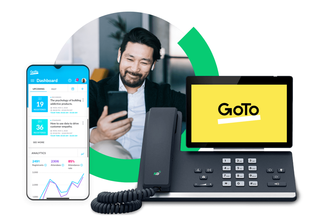Collage showing GoTo Webinar on mobile, GoTo Connect on desk phone, and employee connecting remotely on smartphone. 