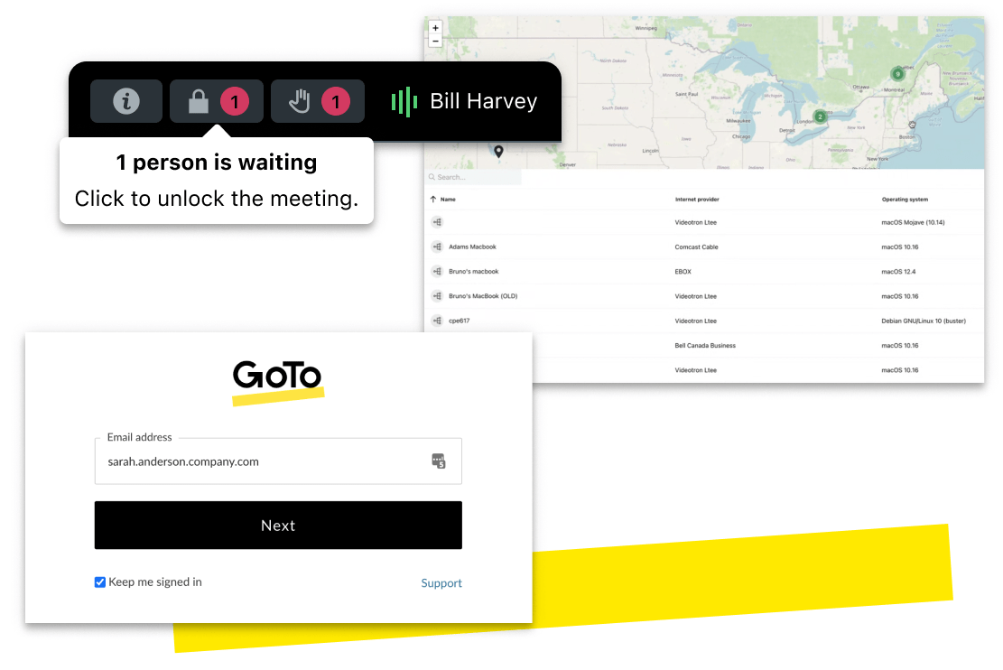 Interface montrant les fonctionnalités de sécurité de GoTo Meeting ; le verrouillage de réunion, la connexion sécurisée, l’accès aux appareils.