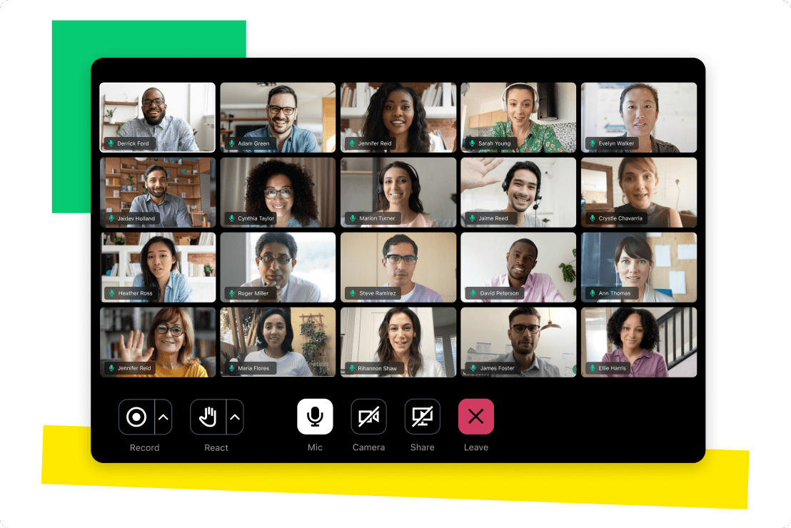 Interfaz que muestra 20 participantes usando GoTo Meetings con sus cámaras web activadas.