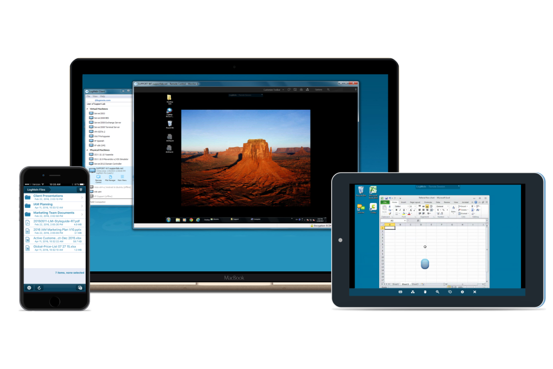 Interface showing remote access across mobile devices and desktop with Pro.