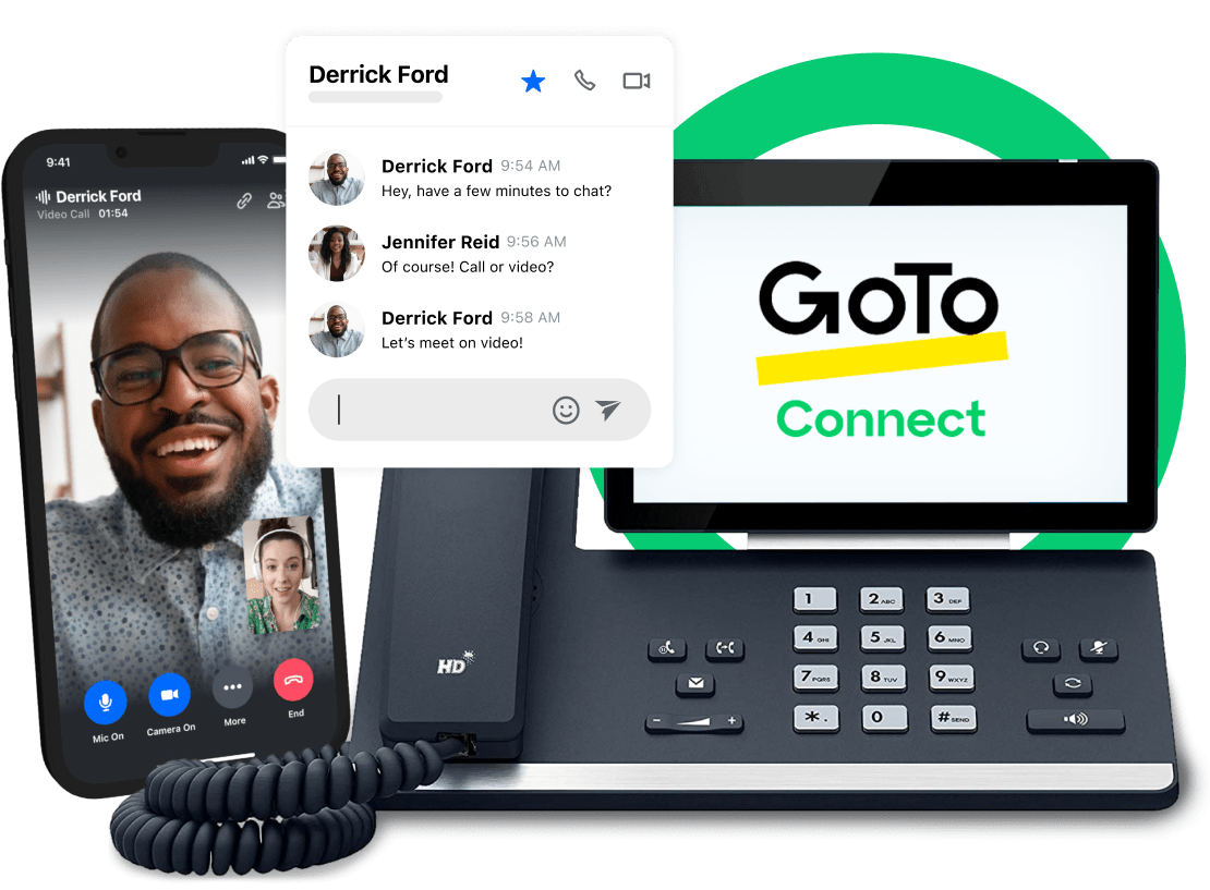 Arrangement of a desk phone,  chat function, and mobile phone showing all the ways you can use GoTo Connect across different devices and places.