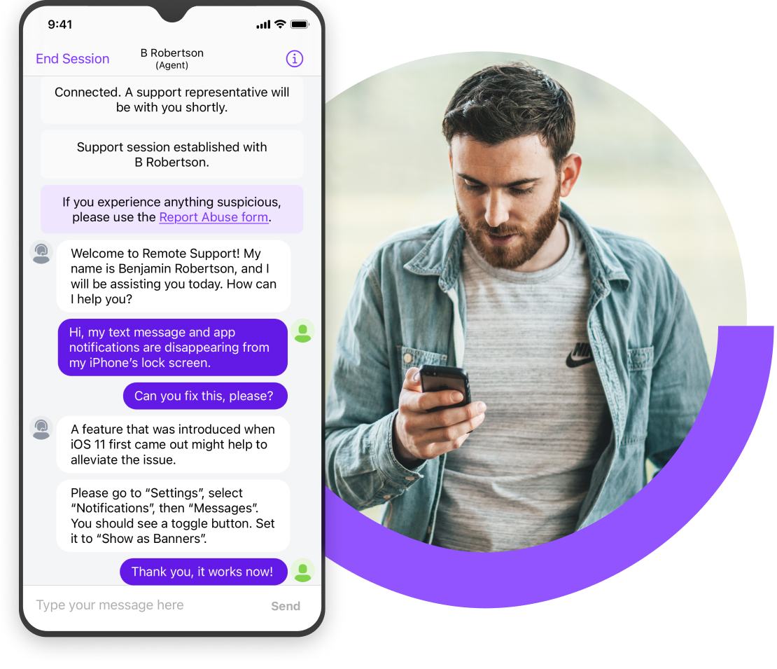 Eine Chatsitzung für den technischen Support auf einem Mobilgerät zeigt, wie der Instant Chat von Rescue Benutzer an ihrem aktuellen Standort unterstützt. 