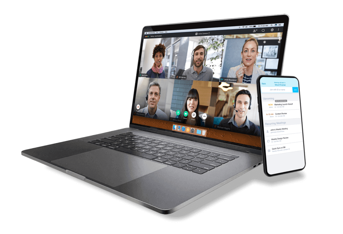 Screens showing GoTo Connect's meeting capabilities on mobile and desktop applications, including scheduling and video conferencing.