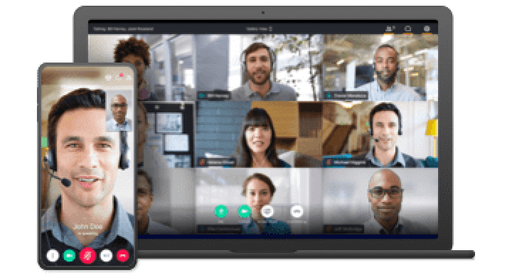 Afbeelding met productlogo van GoToMeeting. Een team gebruikt GoToMeeting voor een vergadering via laptops en mobiele apparaten.