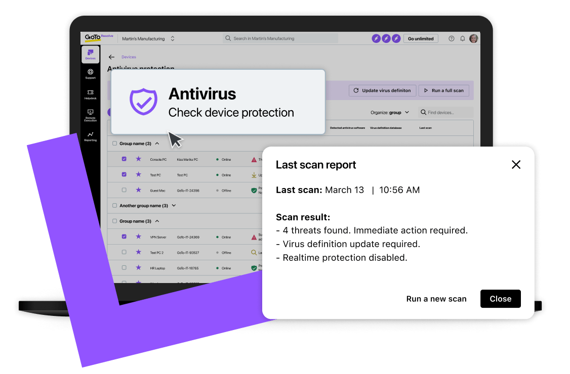 Interface do GoTo Resolve exibindo painel e telas de um software antivírus.