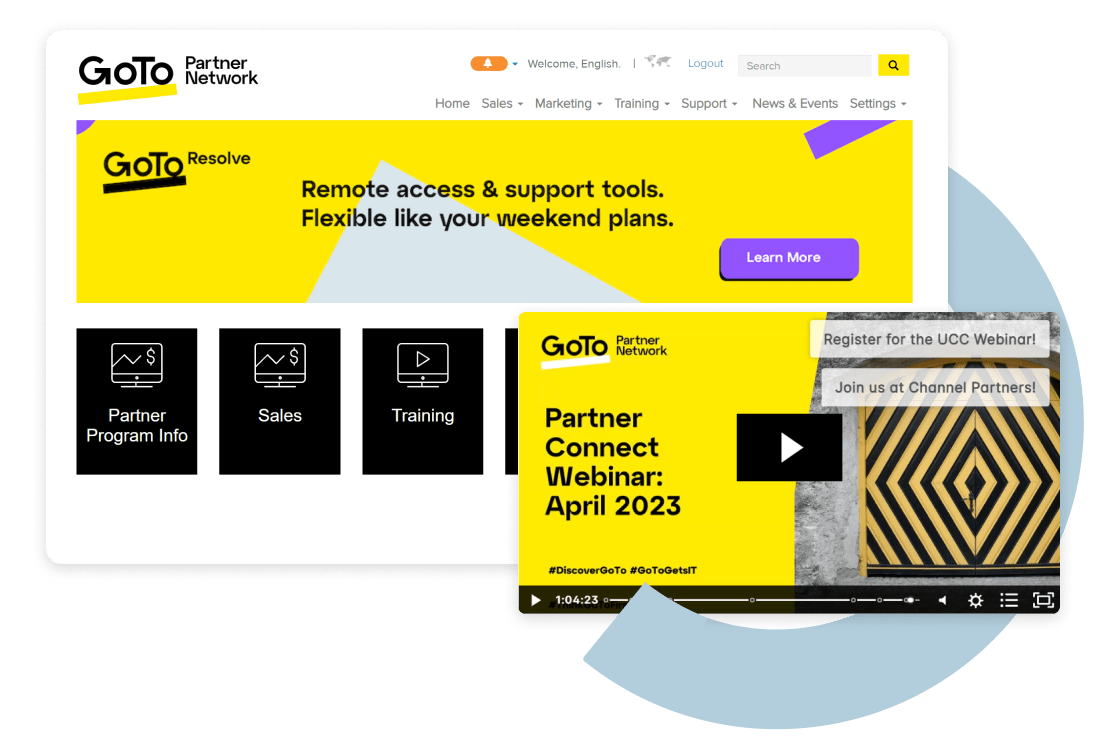 Telas mostrando o GoTo Partner Portal on-line, com acesso a vídeos de treinamento, materiais de marketing e mais.